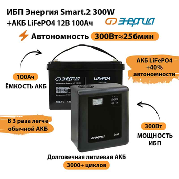 ИБП для котла Энергия Smart 2 300Вт + LiFePO4 Аккумулятор 12v 100Ah (300Вт - 256мин) - ИБП и АКБ - ИБП Энергия - ИБП для котлов отопления - . Магазин оборудования для автономного и резервного электропитания Ekosolar.ru в Наро-фоминске