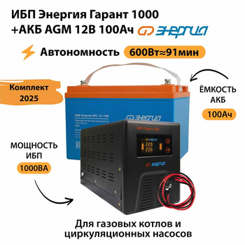 ИБП для котла Энергия Гарант 1000 + Аккумулятор 100 Ач 12 В (600Вт - 91мин) - ИБП и АКБ - ИБП для котлов - . Магазин оборудования для автономного и резервного электропитания Ekosolar.ru в Наро-фоминске
