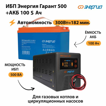 ИБП Энергия Гарант 500 + Аккумулятор S 100 Ач - 12В (300Вт - 182мин) - ИБП и АКБ - ИБП для котлов - . Магазин оборудования для автономного и резервного электропитания Ekosolar.ru в Наро-фоминске