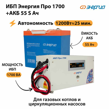 ИБП Энергия Про 1700 + Аккумулятор S 55 Ач - 12В (1200Вт - 25мин) - ИБП и АКБ - ИБП для котлов - . Магазин оборудования для автономного и резервного электропитания Ekosolar.ru в Наро-фоминске