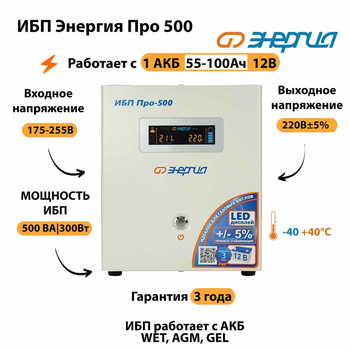 Энергия ИБП Про 500 12В - ИБП и АКБ - ИБП для котлов - . Магазин оборудования для автономного и резервного электропитания Ekosolar.ru в Наро-фоминске