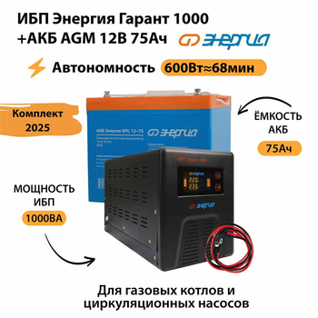 ИБП для котла Энергия Гарант 1000 + Аккумулятор 75 Ач 12 В (600Вт - 68мин) - ИБП и АКБ - ИБП для котлов - . Магазин оборудования для автономного и резервного электропитания Ekosolar.ru в Наро-фоминске