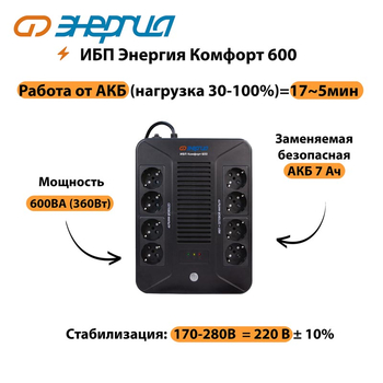 ИБП Комфорт 600 Энергия - ИБП и АКБ - ИБП для компьютера - . Магазин оборудования для автономного и резервного электропитания Ekosolar.ru в Наро-фоминске