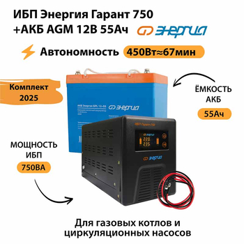 ИБП для котла Энергия Гарант 750 + Аккумулятор 55 Ач 12 В (450Вт - 67мин) - ИБП и АКБ - ИБП для котлов - . Магазин оборудования для автономного и резервного электропитания Ekosolar.ru в Наро-фоминске