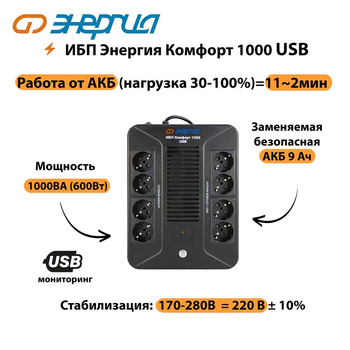 ИБП Комфорт 1000 USB Энергия - ИБП и АКБ - ИБП для компьютера - . Магазин оборудования для автономного и резервного электропитания Ekosolar.ru в Наро-фоминске