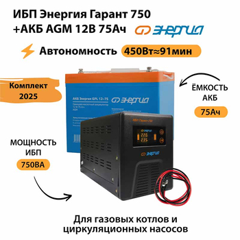 ИБП для котла Энергия Гарант 750 + Аккумулятор 75 Ач 12 В (450Вт - 91мин) - ИБП и АКБ - ИБП для котлов - . Магазин оборудования для автономного и резервного электропитания Ekosolar.ru в Наро-фоминске